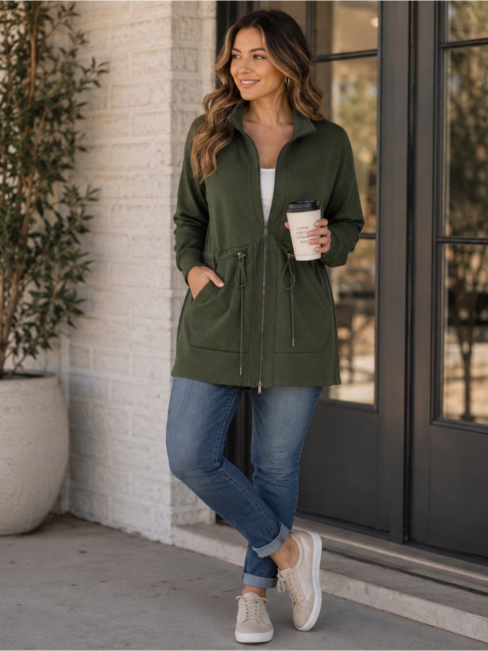Scoop NYC Scubaknit Longline Drawstring Zip Jacket Green Medium